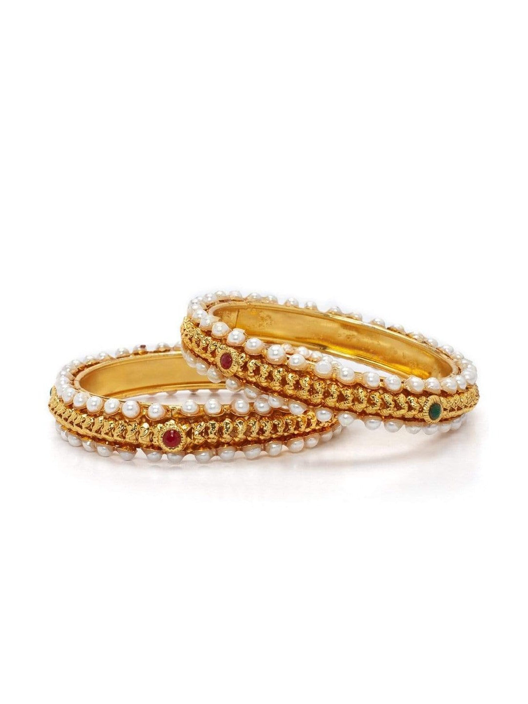 Rubans Gold Plated Pearl Studded Faux Ruby And Emerald Studded Set Of 2 Bangle Set Bangles & Bracelets