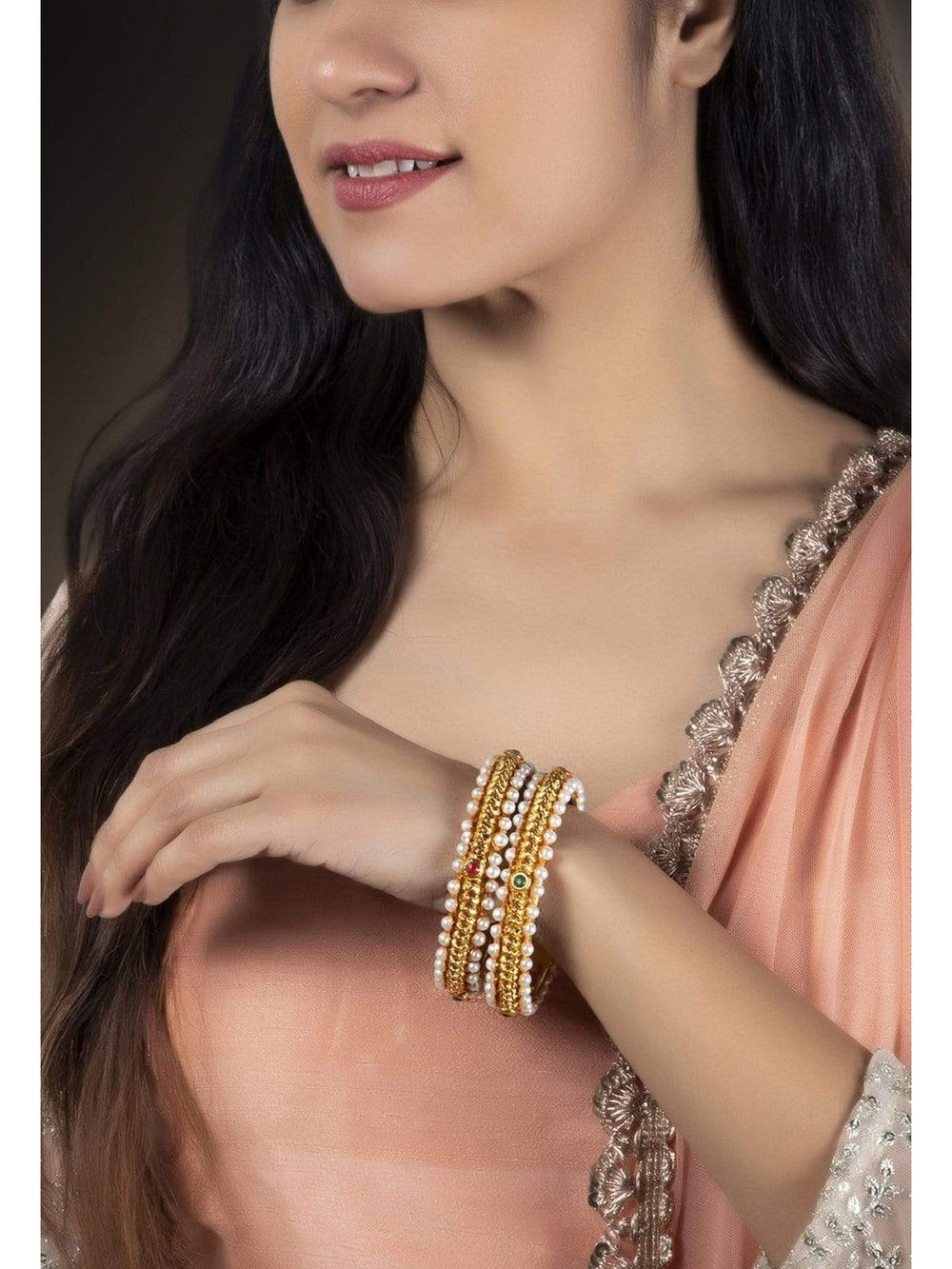 Rubans Gold Plated Pearl Studded Faux Ruby And Emerald Studded Set Of 2 Bangle Set Bangles & Bracelets