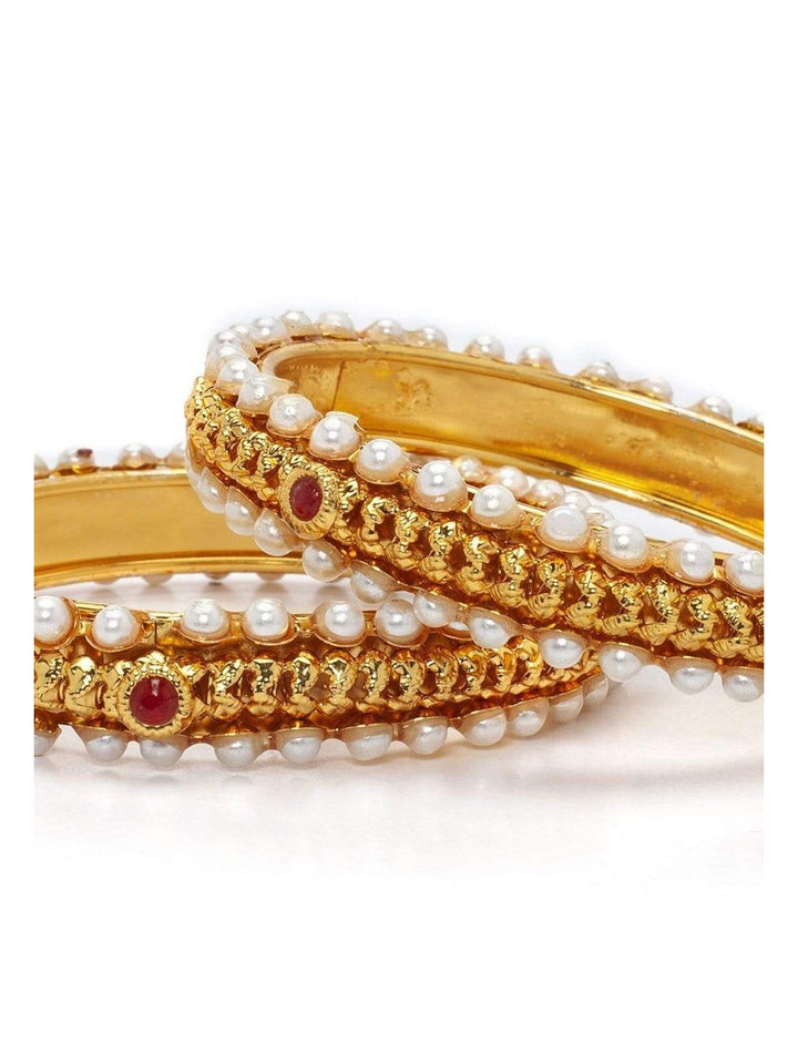 Rubans Gold Plated Pearl Studded Faux Ruby And Emerald Studded Set Of 2 Bangle Set Bangles & Bracelets