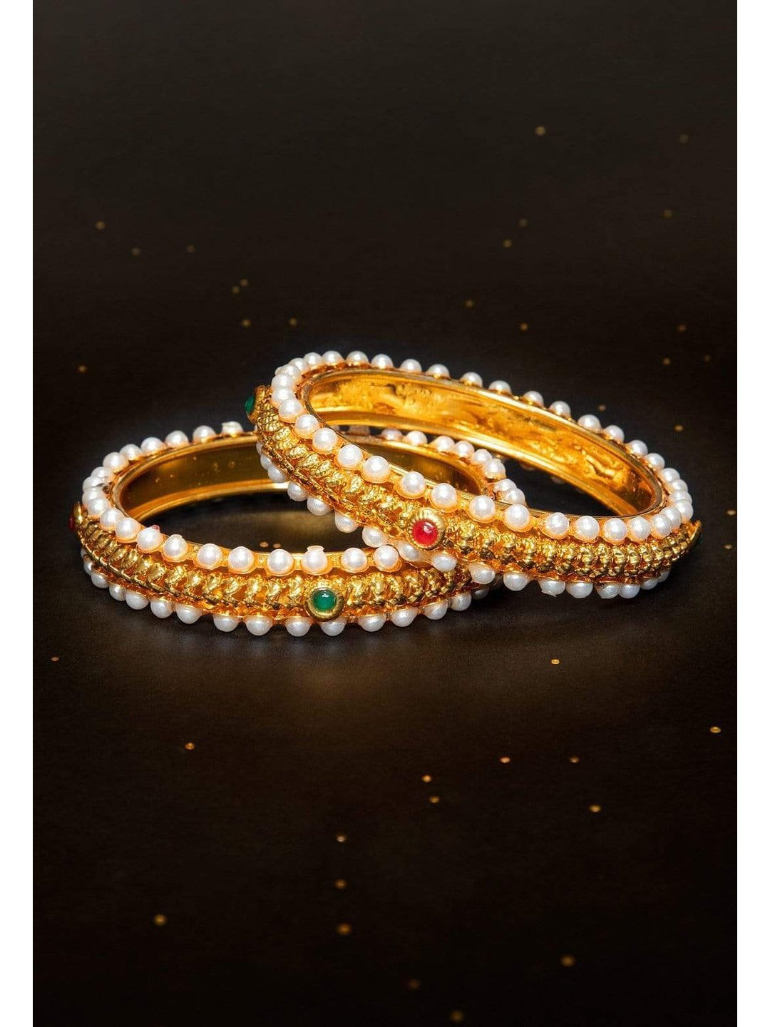Rubans Gold Plated Pearl Studded Faux Ruby And Emerald Studded Set Of 2 Bangle Set Bangles & Bracelets
