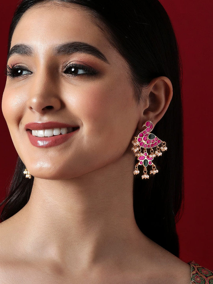 Rubans Gold Plated Pink And Green Enamelled Earrings With Peacock Design Earrings