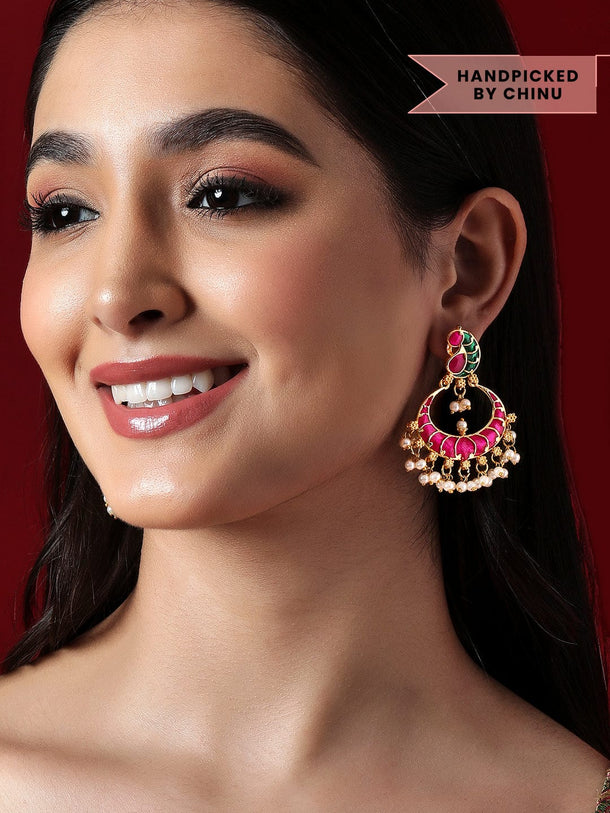 Rubans Gold Plated Pink And Green Enamelled Earrings With Peacock Design Earrings