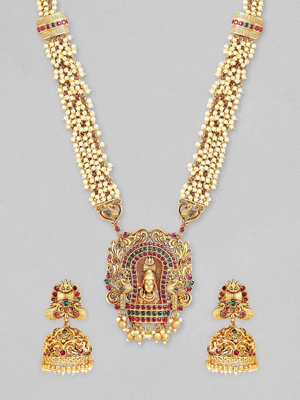 Rubans Gold-Plated Red & Green Stone Studded & Beaded Temple Jewellery Set Necklace Set