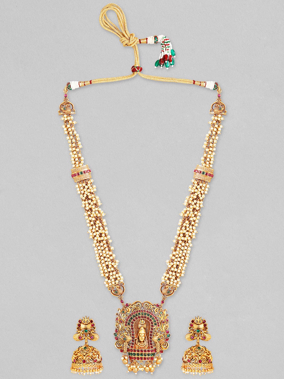 Rubans Gold-Plated Red & Green Stone Studded & Beaded Temple Jewellery Set Necklace Set