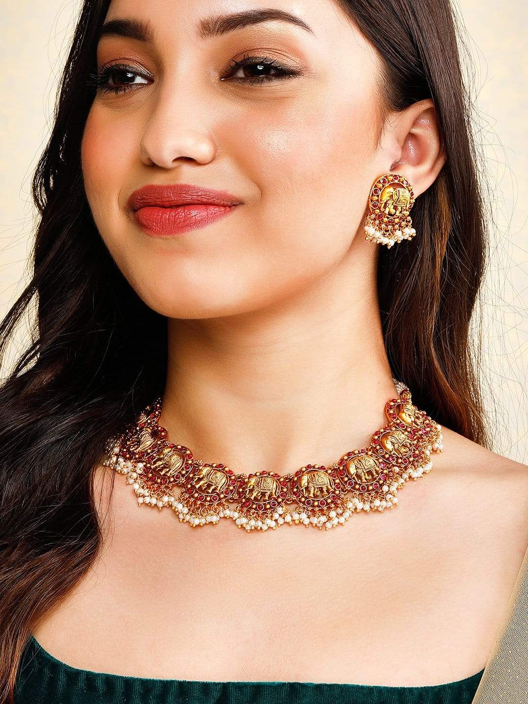 Rubans Gold Plated Red Stone Studded Elephant Motif Pearl Hangings Necklace Set.