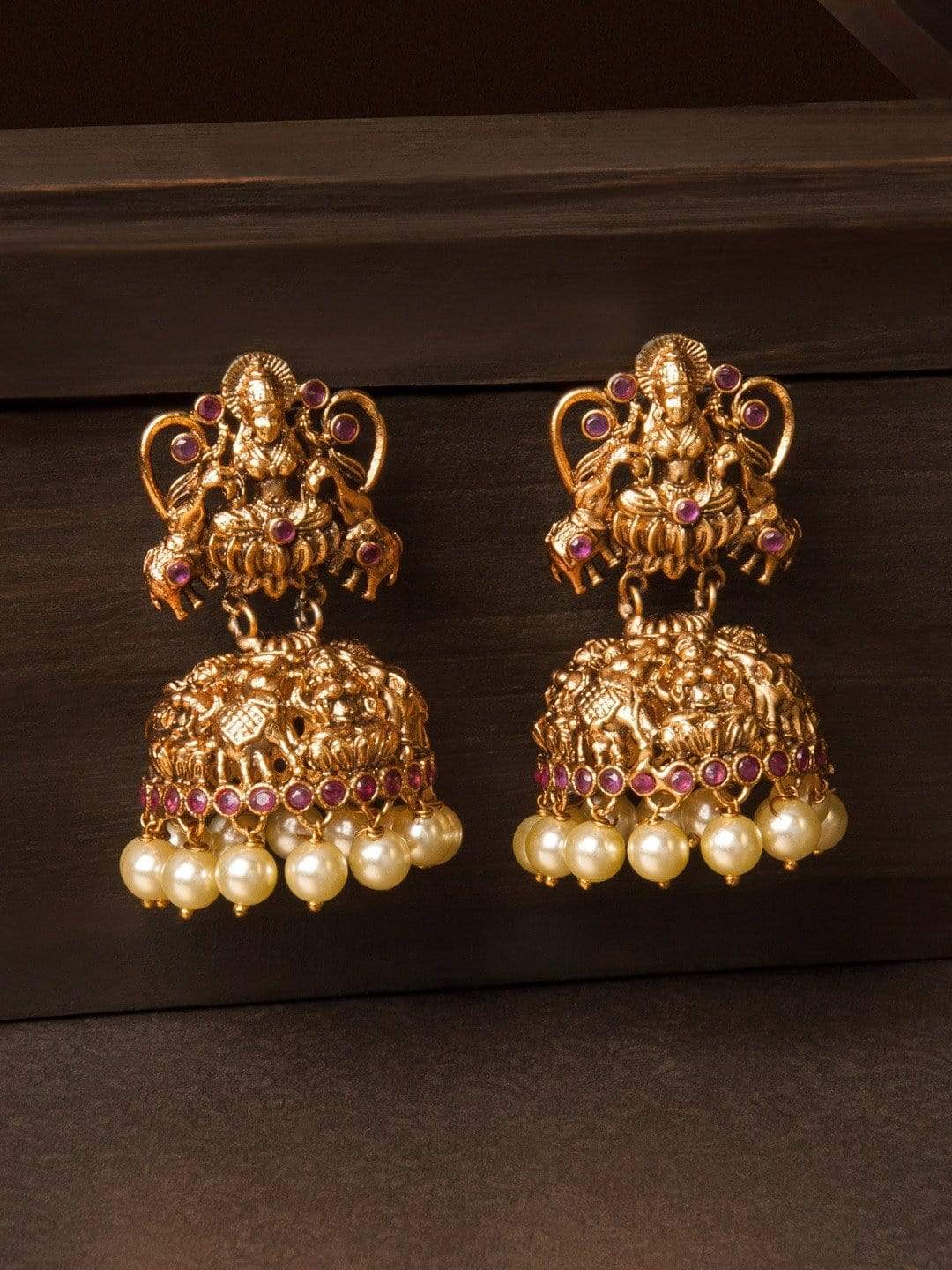 Rubans Gold Plated Ruby Extravagant Nakkashi Lakshmi Jhumka Earrings