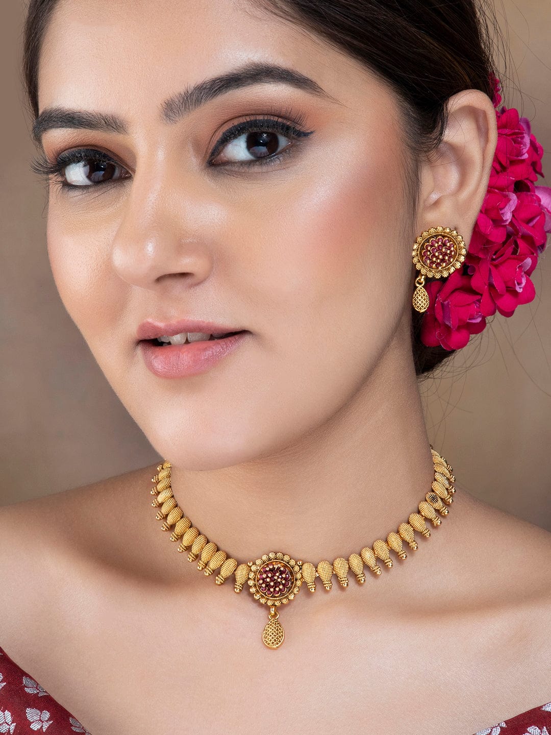 Rubans Gold-Plated Statement Temple Jewellery Set Necklace Set