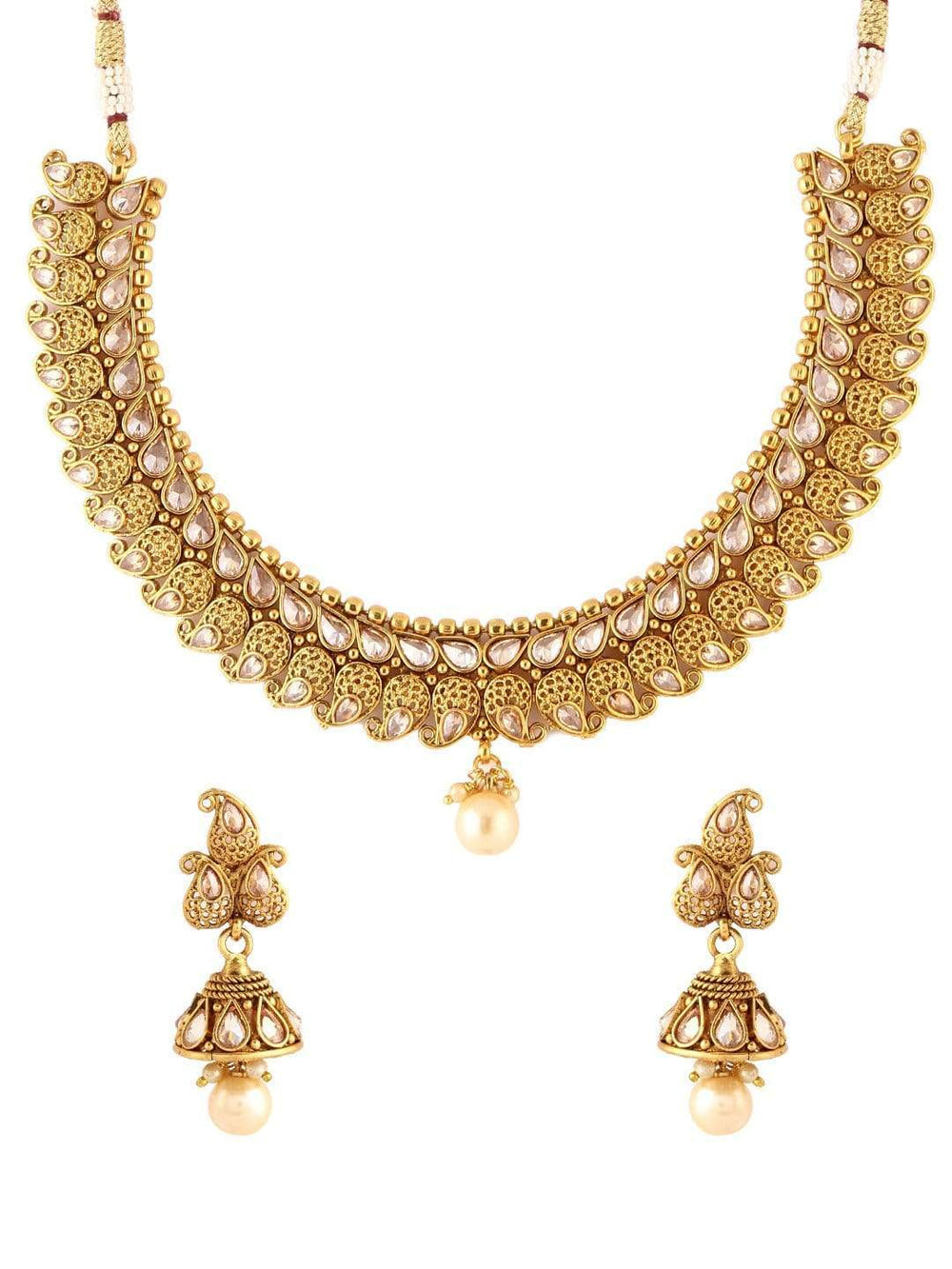 Rubans Gold Plated Traditional AD And Pearls Necklace Set Necklace Set