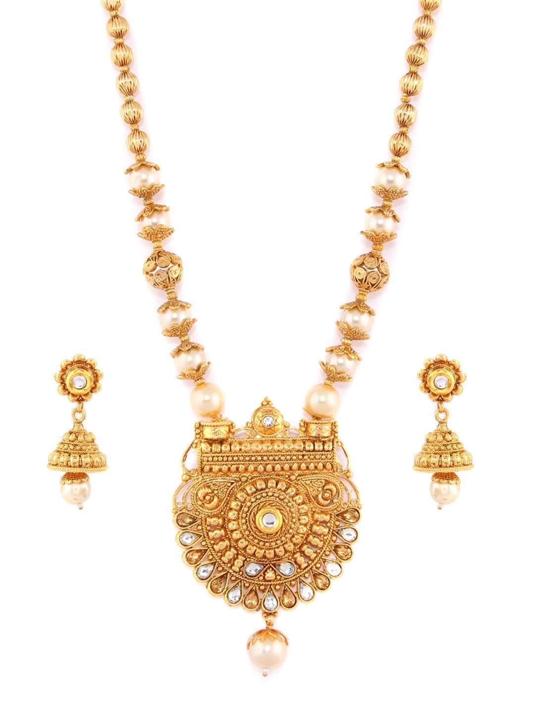 Rubans Gold Plated Traditional Handcrafted Filigree With Pearl And Rhinestone Necklace Set With Maang Tikka Necklace Set