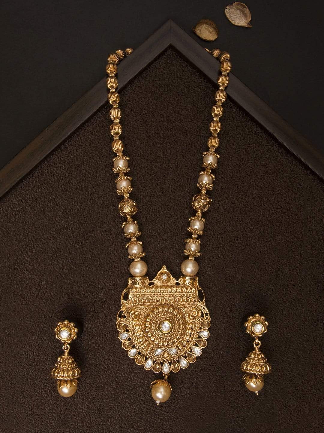 Rubans Gold Plated Traditional Handcrafted Filigree With Pearl And Rhinestone Necklace Set With Maang Tikka Necklace Set