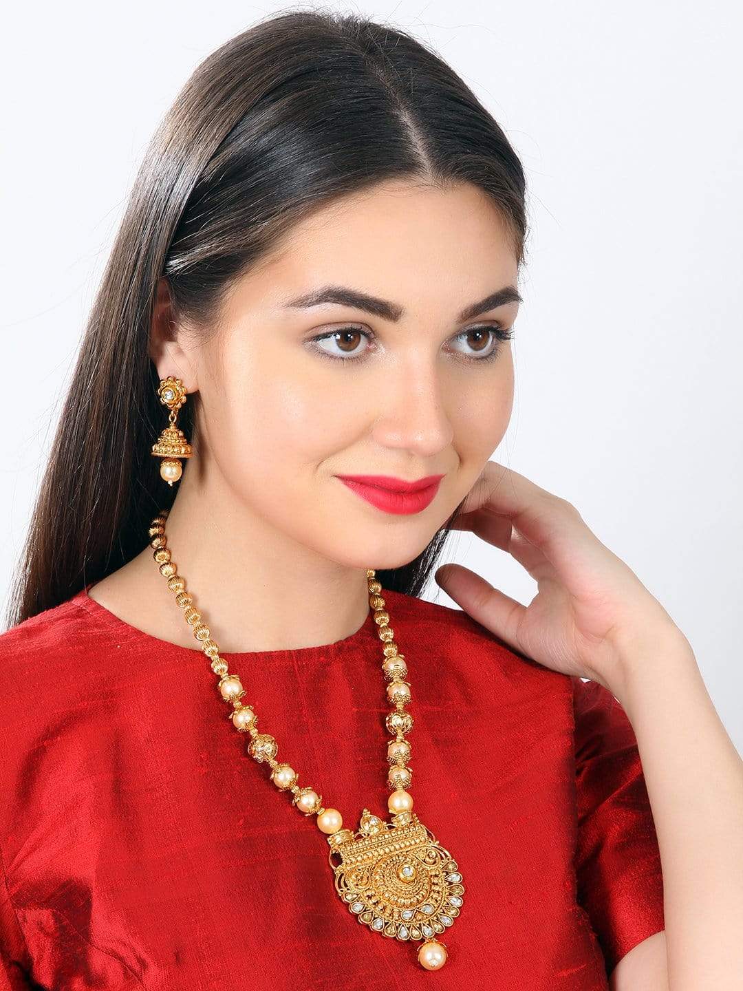 Rubans Gold Plated Traditional Handcrafted Filigree With Pearl And Rhinestone Necklace Set With Maang Tikka Necklace Set