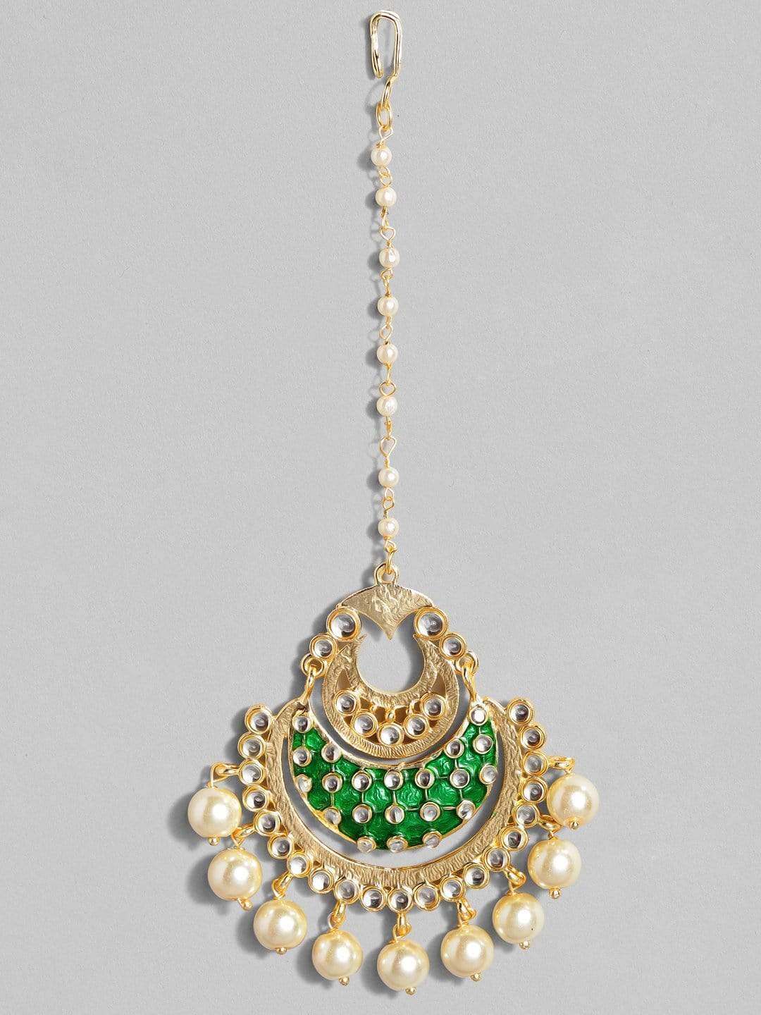 Rubans Gold-Plated White & Green Kundan-Studded Beaded Enamelled Handcrafted Maang Tikka HEAD JEWELLERY