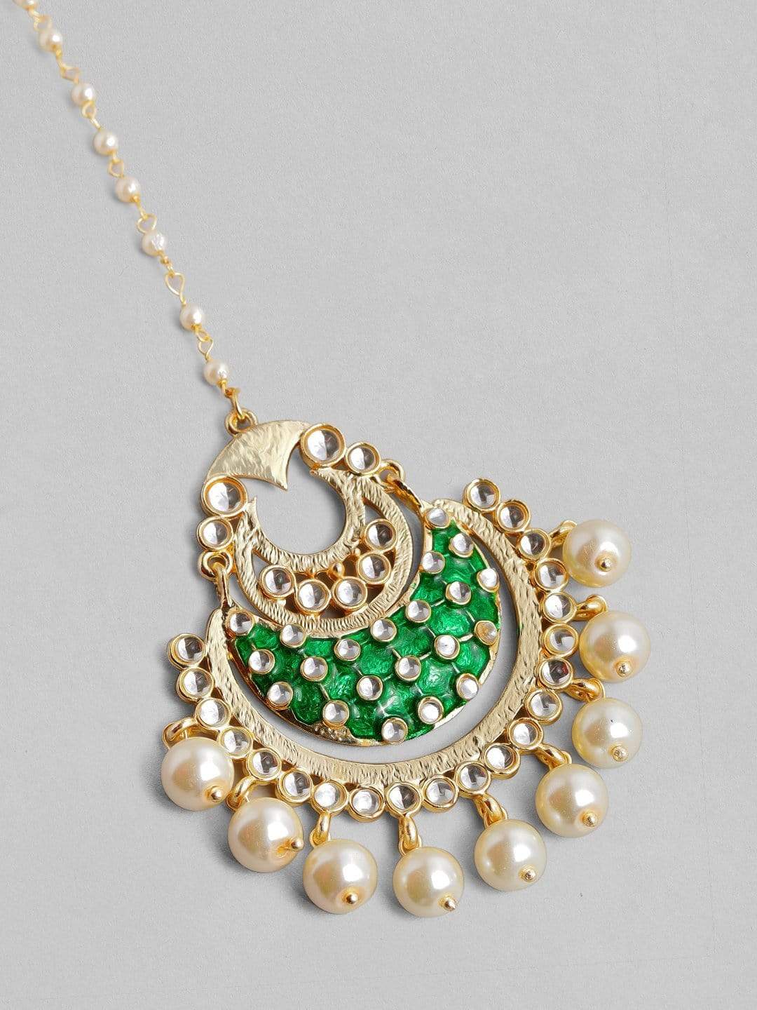 Rubans Gold-Plated White & Green Kundan-Studded Beaded Enamelled Handcrafted Maang Tikka HEAD JEWELLERY