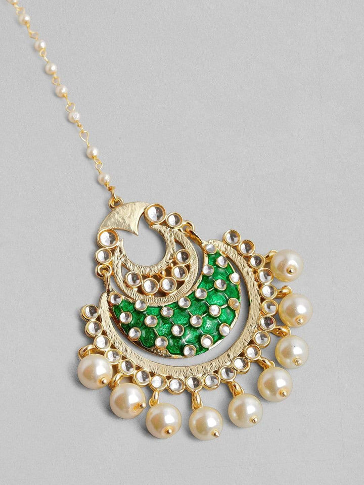 Rubans Gold-Plated White & Green Kundan-Studded Beaded Enamelled Handcrafted Maang Tikka HEAD JEWELLERY