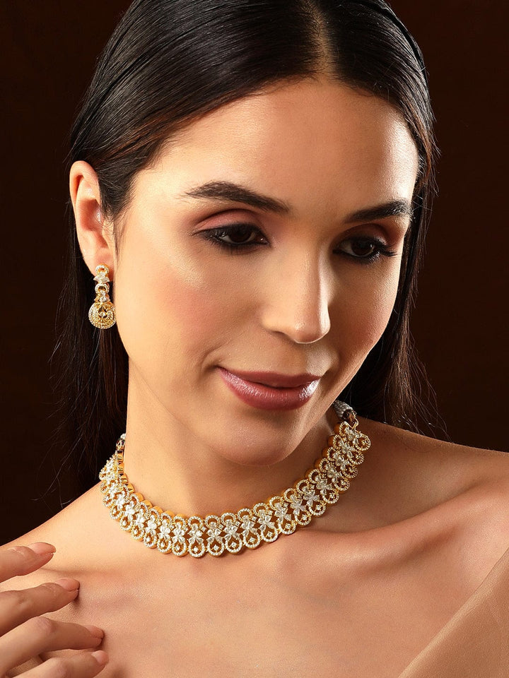 Rubans Gold Plated White Stone Studded American Diamond Necklace Set.