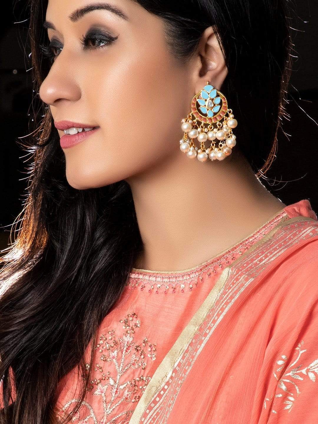 Rubans Gold-Toned & Blue Crescent Shaped Chandbalis Earrings