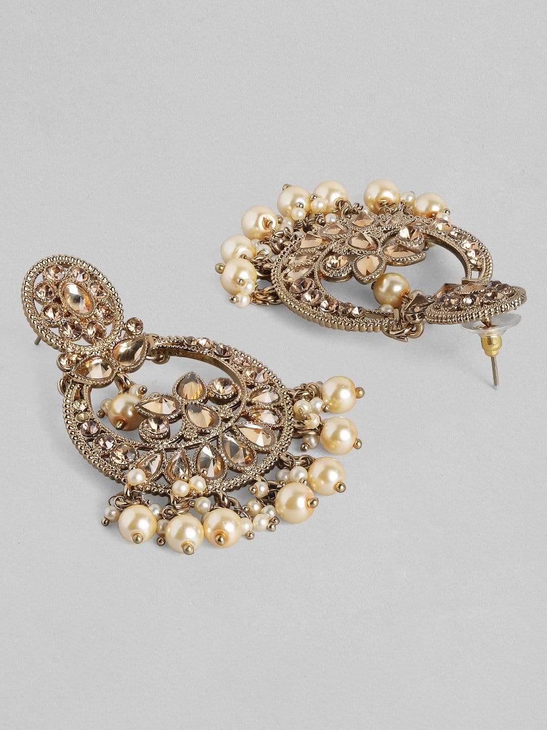 Rubans Gold Toned Chandbalis in Rusty Gold Stones and Beige Pearls Earrings