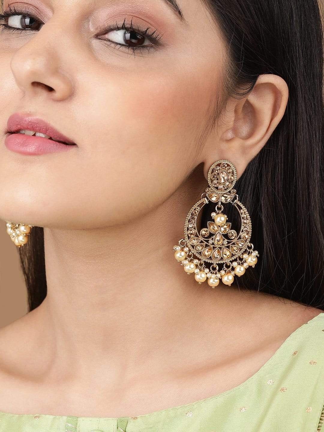 Rubans Gold Toned Chandbalis in Rusty Gold Stones and Beige Pearls Earrings