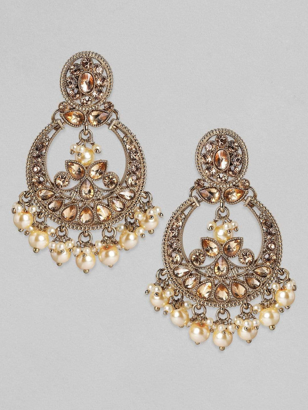 Rubans Gold Toned Chandbalis in Rusty Gold Stones and Beige Pearls Earrings