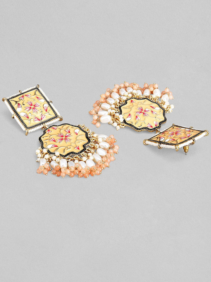 Rubans Gold Toned Handcrafted White Beaded Enameled Multicolor Floral Drop Earrings Earrings