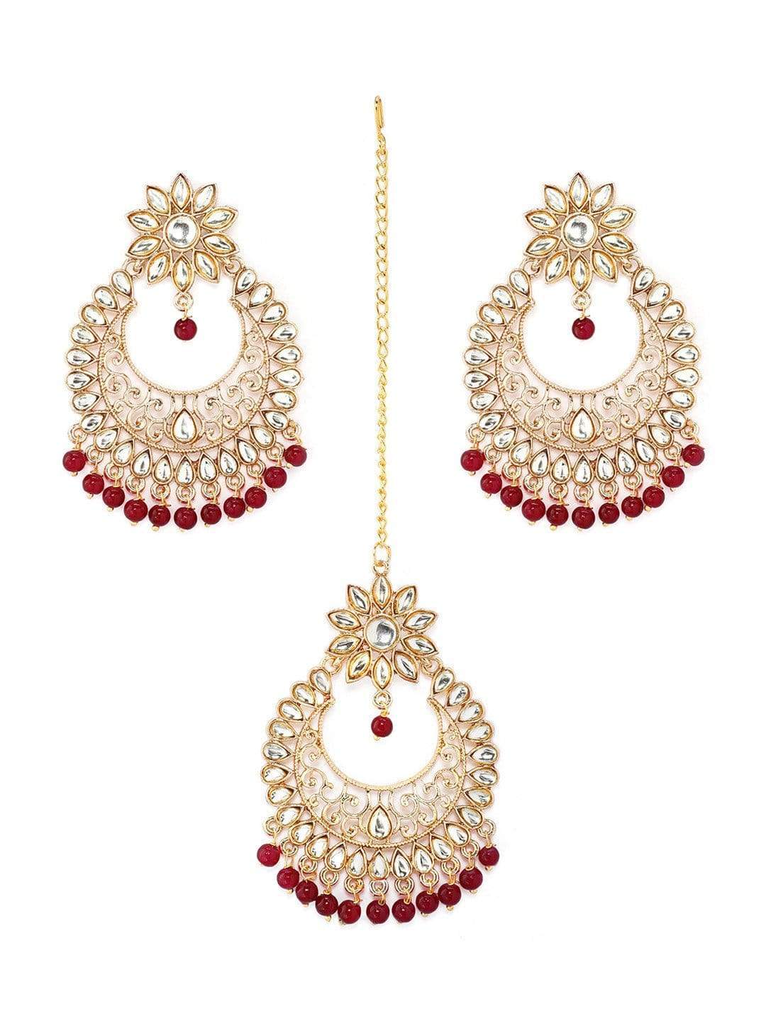 Rubans Gold Toned Kundan Maangtikka Earrings Set With Red Beads Necklace Set