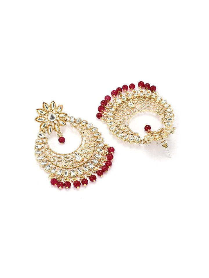 Rubans Gold Toned Kundan Maangtikka Earrings Set With Red Beads Necklace Set