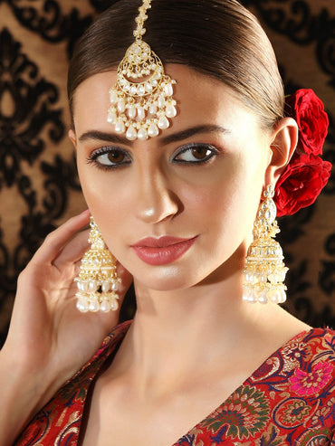 Rubans Gold Toned Kundan Stone Studded With Pearls Mangtikka & Earring Set. Jewelry Sets