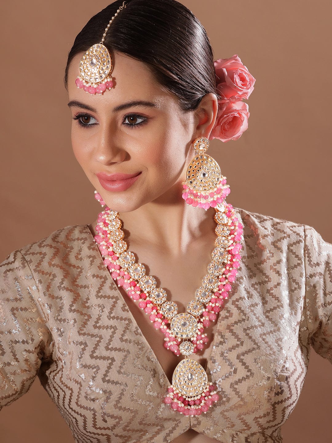 Rubans Gold Toned Kundan Stone With Pink Beaded Jewellery Set Necklace Set