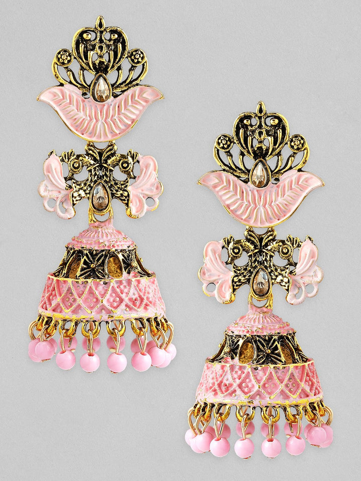 Rubans Gold Toned Pink Enameled Jhumka Earrings Earrings