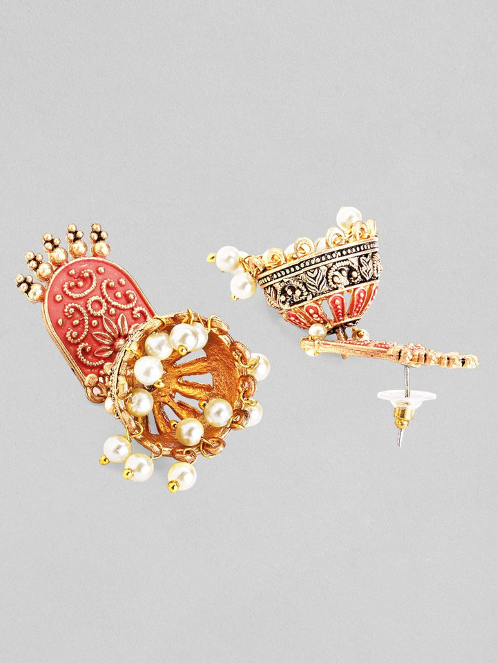 Rubans Gold-Toned & Red Enamelled Dome Shaped Pearl Jhumkas Earrings