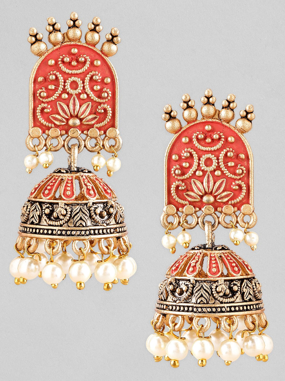 Rubans Gold-Toned & Red Enamelled Dome Shaped Pearl Jhumkas Earrings