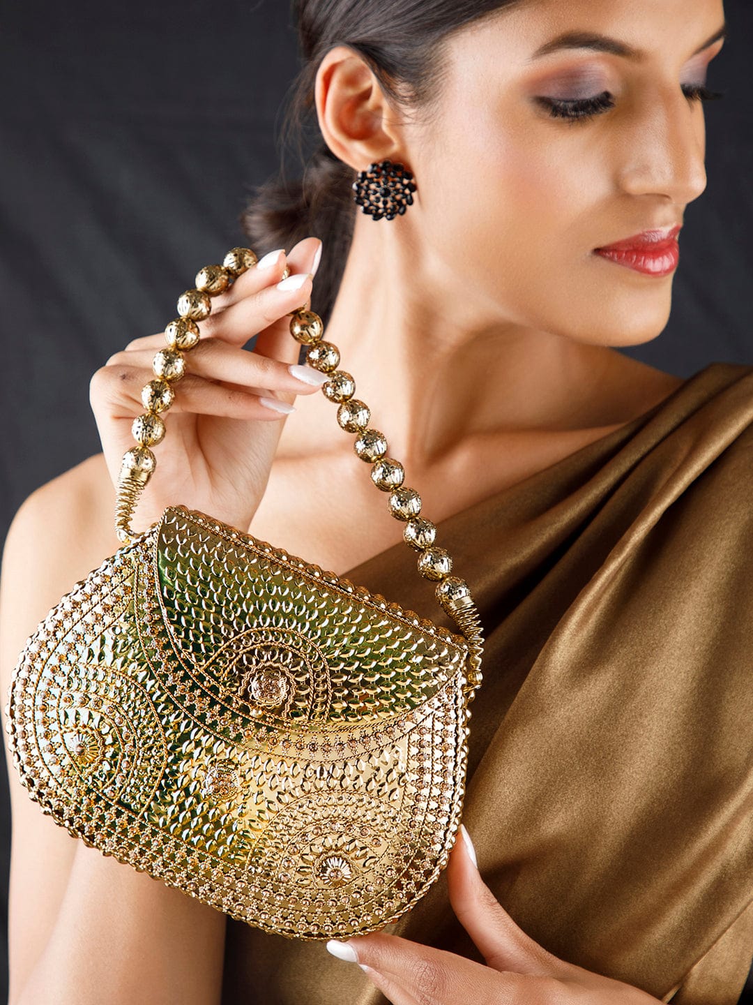 Shop Rubans Golden Coloured Bag With Golden Embroided Design