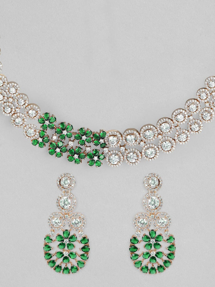 Rubans Green and Silver Studded AD Contemporary Necklace Set Necklace Set