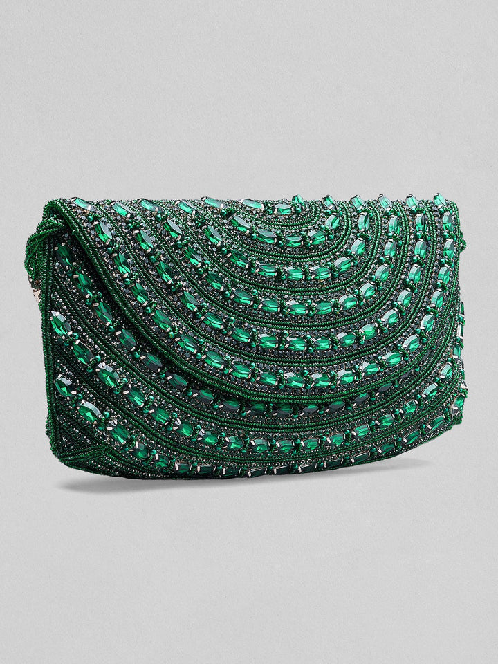 Rubans Green Colour Handbag With Embroided Green Stone Design. Handbag & Wallet Accessories