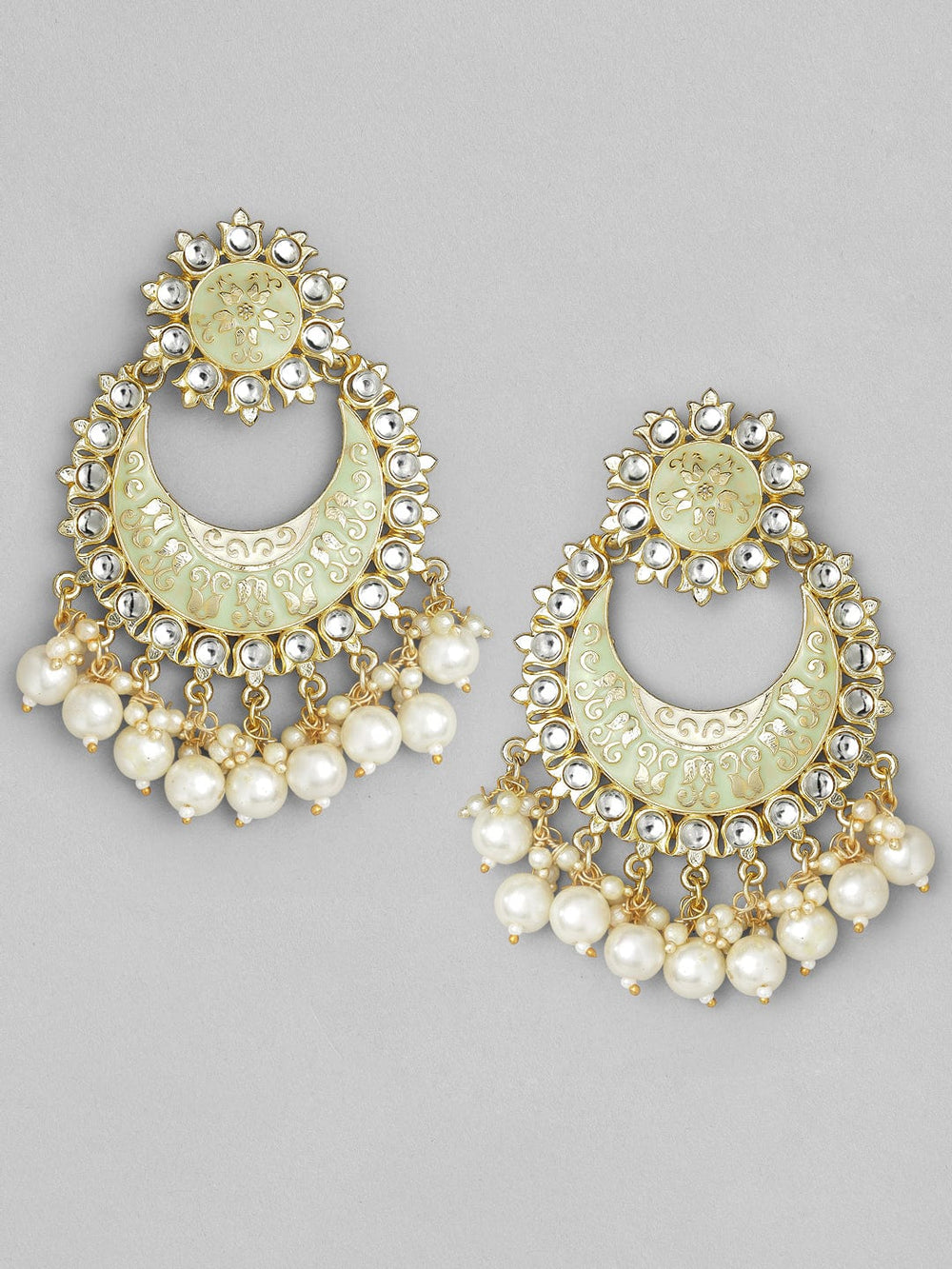 Rubans Green Gold Plated Stone-Studded  Beaded Handcrafted Enamelled Chandbalis Earrings