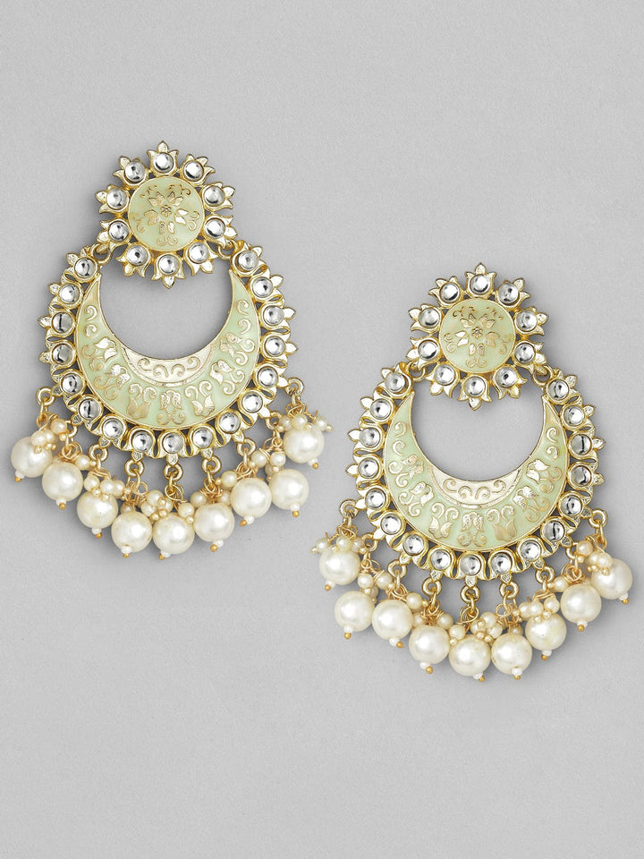 Rubans Green Gold Plated Stone-Studded  Beaded Handcrafted Enamelled Chandbalis Earrings