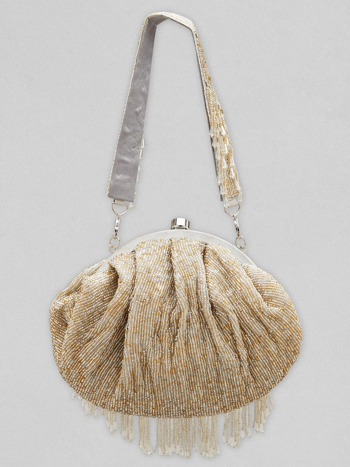 Rubans Grey And Golden Handmade Bag With Embroided Design And Tassels. Handbag & Wallet Accessories