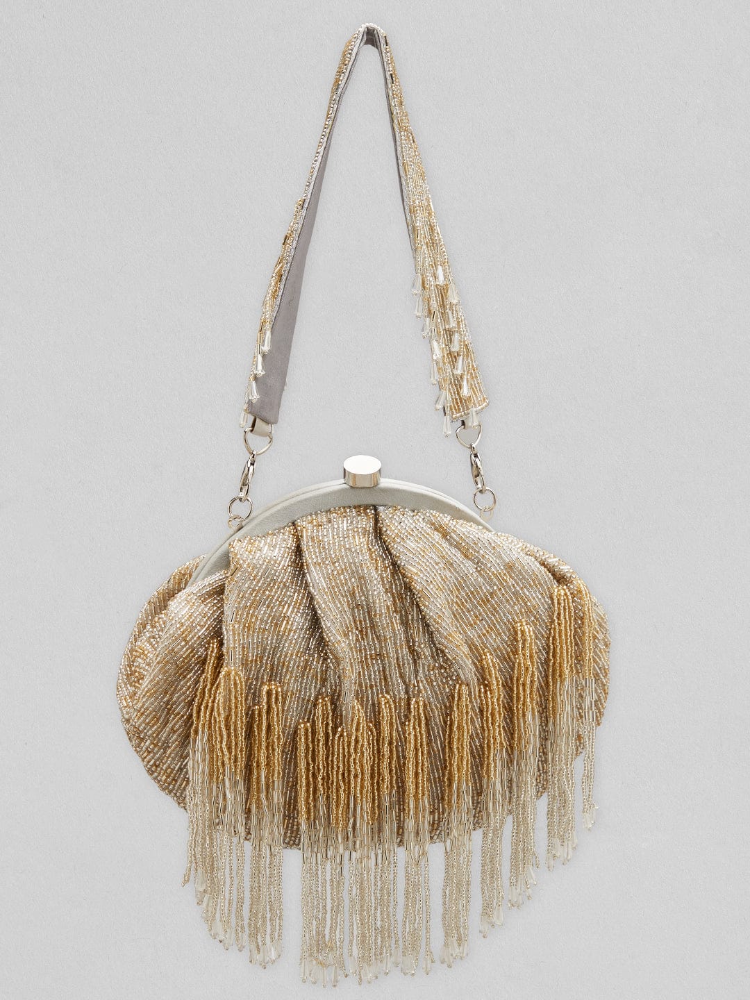 Rubans Grey And Golden Handmade Bag With Embroided Design And Tassels. Handbag & Wallet Accessories