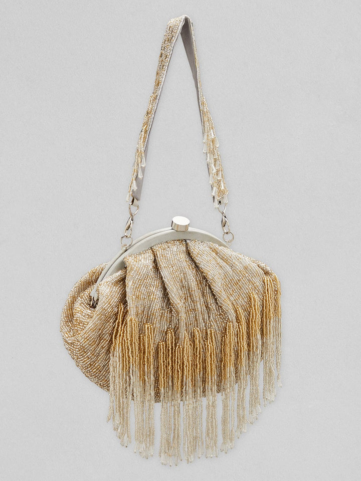 Rubans Grey And Golden Handmade Bag With Embroided Design And Tassels. Handbag & Wallet Accessories