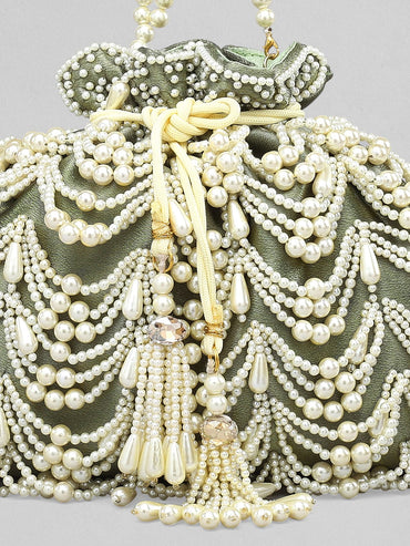 Rubans Grey Coloured Potli Bag With Embroided Design Of Pearls. Handbag & Wallet Accessories