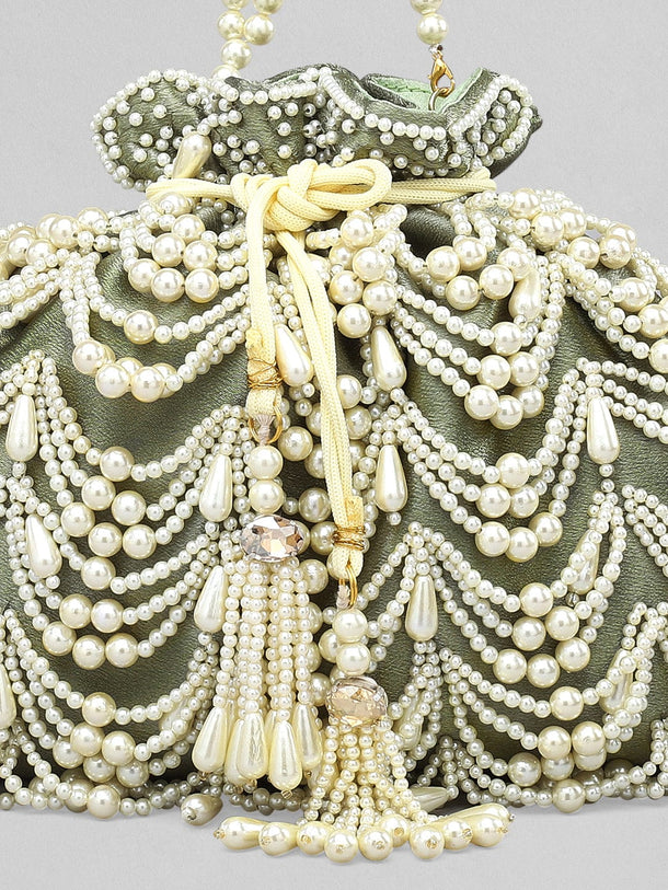 Rubans Grey Coloured Potli Bag With Embroided Design Of Pearls. Handbag & Wallet Accessories
