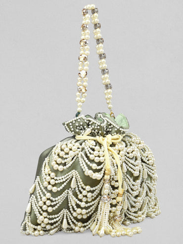 Rubans Grey Coloured Potli Bag With Embroided Design Of Pearls. Handbag & Wallet Accessories