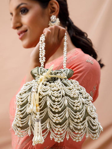 Rubans Grey Coloured Potli Bag With Embroided Design Of Pearls. Handbag & Wallet Accessories