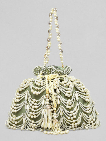 Rubans Grey Coloured Potli Bag With Embroided Design Of Pearls. Handbag & Wallet Accessories