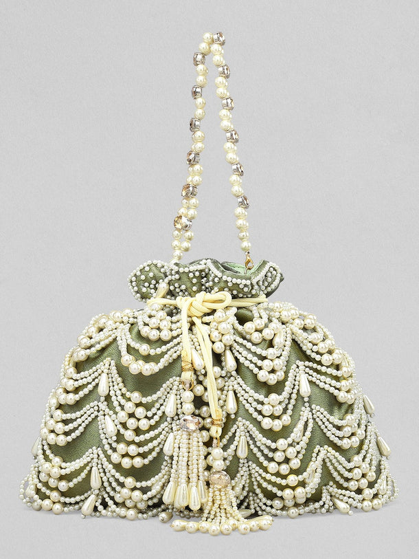 Rubans Grey Coloured Potli Bag With Embroided Design Of Pearls. Handbag & Wallet Accessories