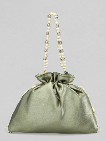 Rubans Grey Coloured Potli Bag With Embroided Design Of Pearls. Handbag & Wallet Accessories