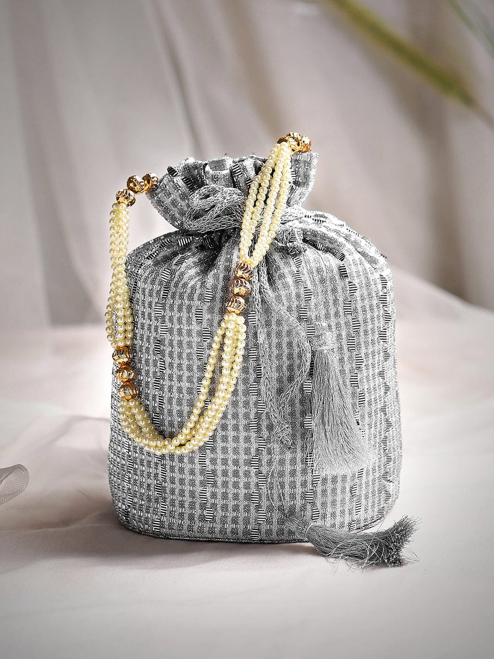 Rubans Grey Coloured Potli Bag With Silver Embroidery Design Handbag & Wallet Accessories