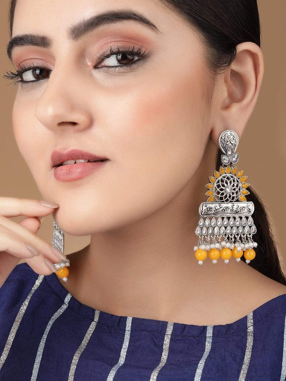 Rubans Handcrafted Oxidized in White and Yellow Stones and Beads Earrings