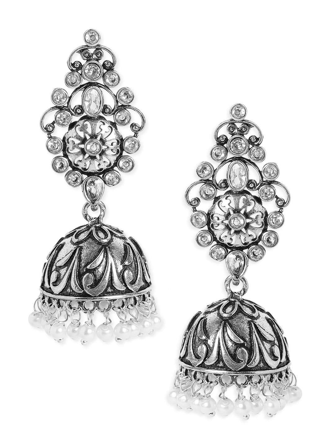 Rubans Handcrafted Oxidized Jhamka Earrings With White Stones and Pearls Earrings