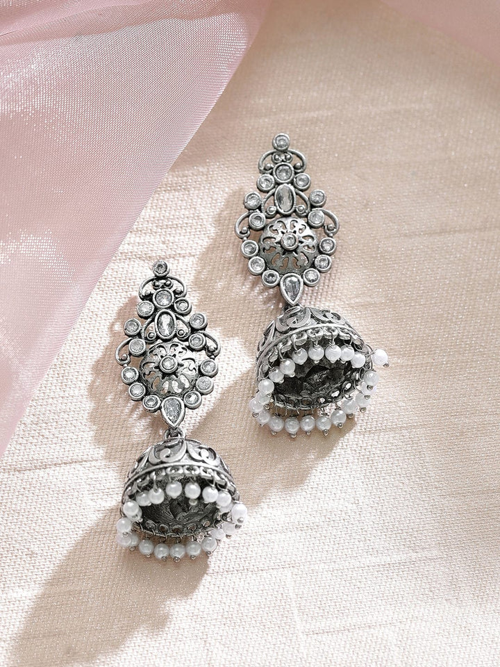 Rubans Handcrafted Oxidized Jhamka Earrings With White Stones and Pearls Earrings